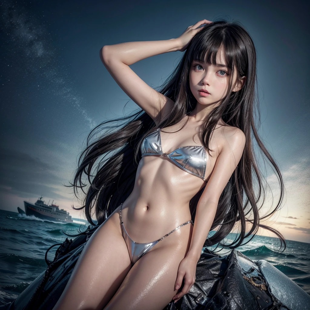 portlate, lost young girl , Very beautiful lost cute 14 year old girl, Young no , shiny white shiny skin、Best Looks、Dark reflected light、Platinum Dark hair with dazzling dark highlights、shiny light hair,、Super long silky disheveled hair、Beautiful small short bangs that shine、Glowing crystal clear attractive big blue eyes、Tiny flat bust,  skinny hips,Plane wreckage on dark beach, 