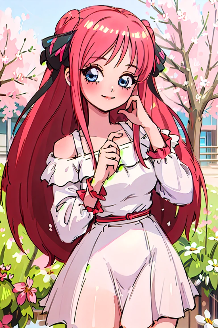 Best quality, masterpiece, ultra high res, (photorealistic:1.4), raw photo, 1girl, white dress, off shoulder, blossom flower field, glowing skin, light smile, nino nakano, pink red long hair, shoulder, blue eyes, hair ribbons