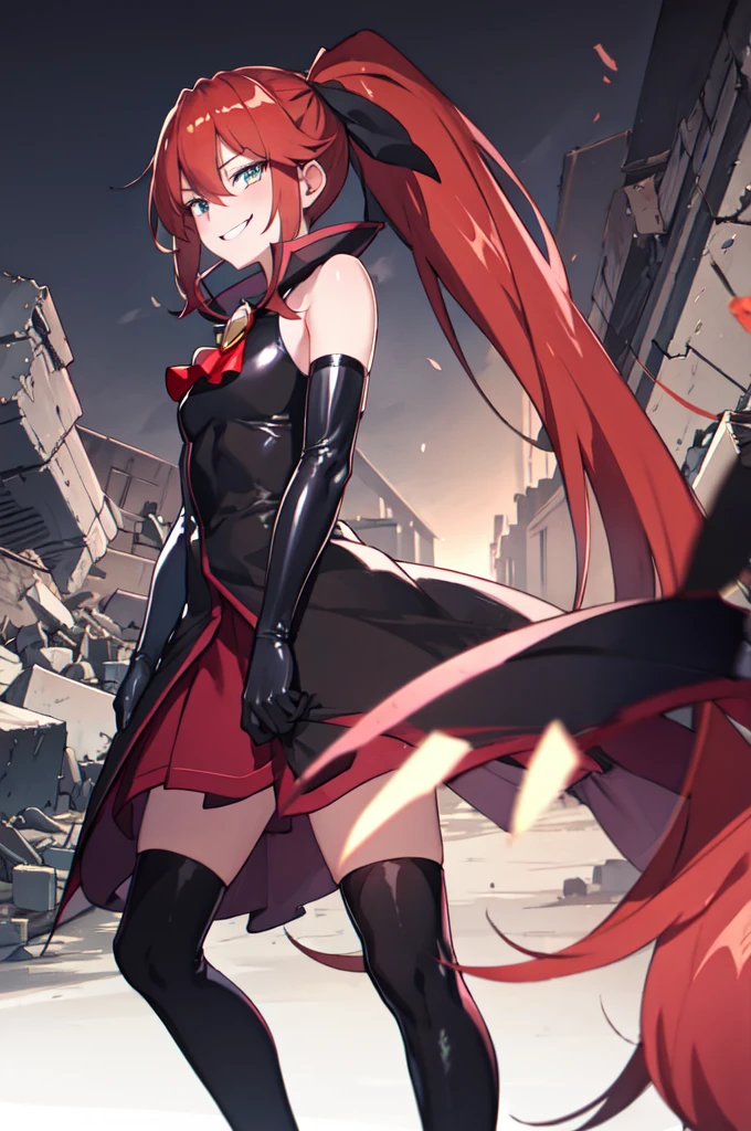 Highest quality, masterpiece, One Girl,Not beautiful, Red Ponytail, Long dress, brooch, Hair Ribbon, - Elbow hand pockets, Black knee socks, Standing on the rubble, Cityscape in a sea of fire, (Wicked Smile:1.1), ,,Dark shadowed face,ic smile,Malice,Contempt,smile,latex,Bad face,,Red Skirt,two hands,two legs,five fingers,




