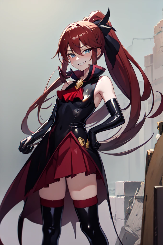 Highest quality, masterpiece, One Girl,Not beautiful, Red Ponytail, Long dress, brooch, Hair Ribbon, - Elbow hand pockets, Black knee socks, Standing on the rubble,  (Wicked Smile:1.1), ,,Dark shadowed face,Sadistic smile,Malice,Contempt,smile,latex,Bad face,,Red Skirt,two hands,two legs,five fingers,evil background,elbow gloves,latex,


