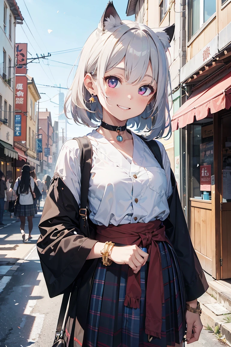 (((masterpiece))), (((Highest quality))), ((Very detailed)), ((Very detailedなイラスト)), ((Ultra-fine painting)), (16K Highest quality wallpaper:1.4), (Detailed and elaborate illustration style,:1.8) Detailed skin texture, High quality fabric, , (T-masterpiece), (Very detailedな顔:1.4), original, RAW Photos, Professional, Intricate details, Very detailed, Direct sunlight:1.6, ,(Cowboy Shot:1.9)、(Perfect Anatomy:1.4), (Extremely elaborate hands:1.2), (Very elaborate fingers:1.2), (Very elaborate fingers先:1.2),, (alone:1.6), (beautiful and adorable cat ears:1.6), (Intricate and delicate cat ears:1.4), (beautiful, Shiny white hair:1.6), (Very fine and delicate white hair:1.4),, (Very detailedな顔:1.4),(Light purple eyes:1.4),(smile:1.4),, whole body,
One Girl, bangs, black choker, black tie, blonde, blue skirt, blush, bracelet, chest, choker, clothes Surrounding area waist, clavicle, collared shirt, Cowboy Shot, dress shirt, ear Earrings, Eyebrows visible through hair, Gradient Hair, Grin, Improve, jewelry, Kogal, Long Hair, View your audience, loose tie, tie, Earrings, Plaid, Plaid skirt, pleated skirt, Red eyes, ring, , shirt, skirt, smile, alone, white shirt,
street, null, Gerbera petals,shape, (Hakama:1.3), (Bow and Arrow:1.3), fashionable, woman, Vibrant, Costumes, stop temporarily, front, colorful, dynamic, background, element, Be confident, performance, Holding, statement, accessories, Majestic, Coiled, Surrounding area, touch, scene, article, cover, bold, to attract attention, title, stylish, font, Catchy, Heading, big, impressive, Modern, tendency, concentrate, fashion,