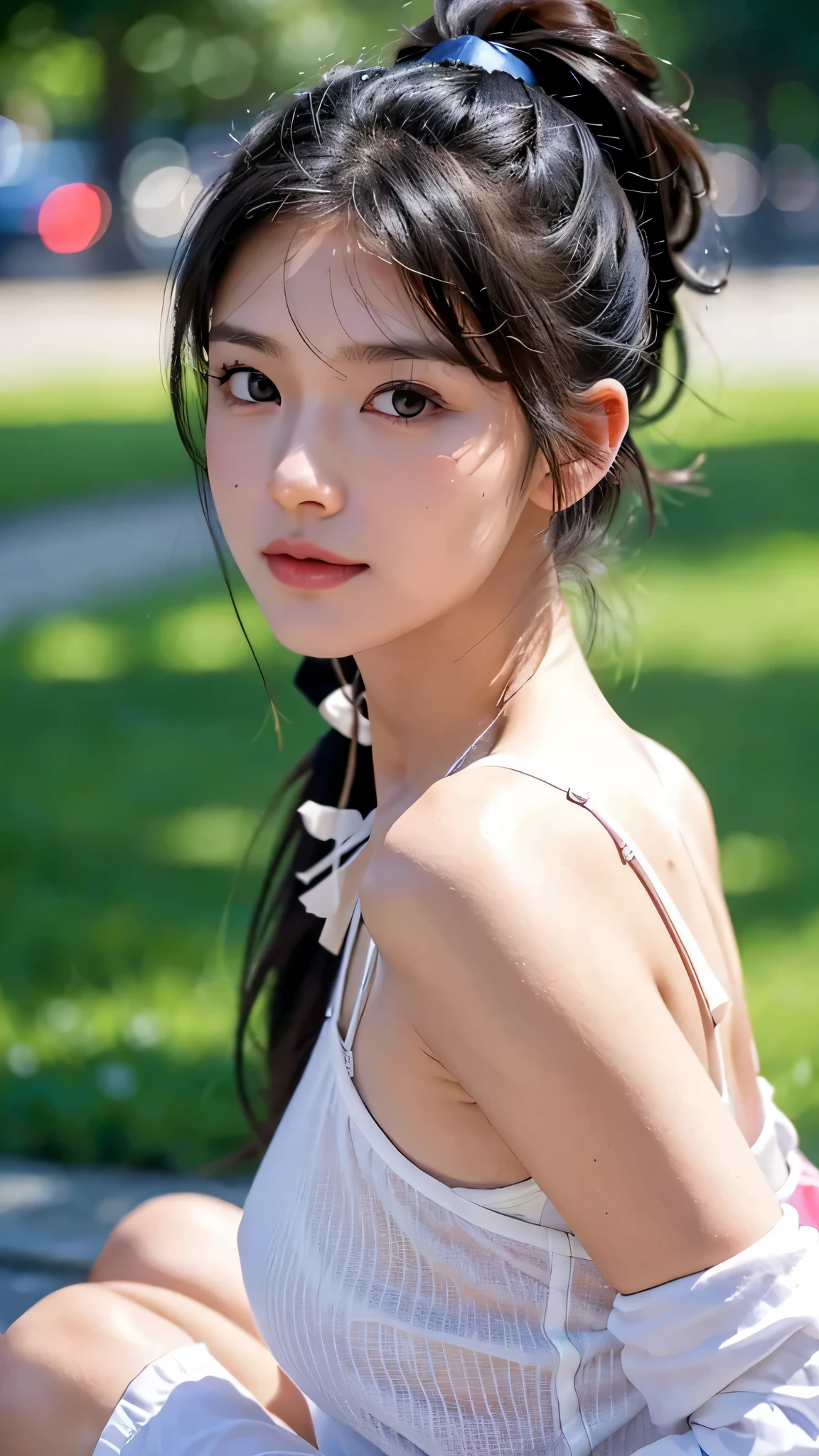 dress,outdoors,Urban Park,On the lawn,One woman,close up face,fully body photo,masutepiece, The highest image quality, High quality, the background is clear，Beautiful woman, Japanese, Detailed, Ultra-detailed, finely detail, hight resolution, 8K Wallpaper, Perfect dynamic composition, Beautiful detailed eyes ,Detailed eyes, Detailed skin, Beautiful skin, 超hight resolution, (reality: 1.4),Very beautiful woman, Slightly younger face, Beautiful skin, slender, (Ultra photo realsisim), (hight resolution), (8K), (Very detailed) (beautifully detailed eyes), (super detailed),   (Detailed face), view the viewer, Fine details, Detailed face, Staring straight ahead, Staring straight ahead, photos realistic, Bright lighting, Professional Lighting, Black hair,poneyTail,a baby face,sixteen years old,Hairstyle: ponytail,Long ponytail hairstyle,slight smile,