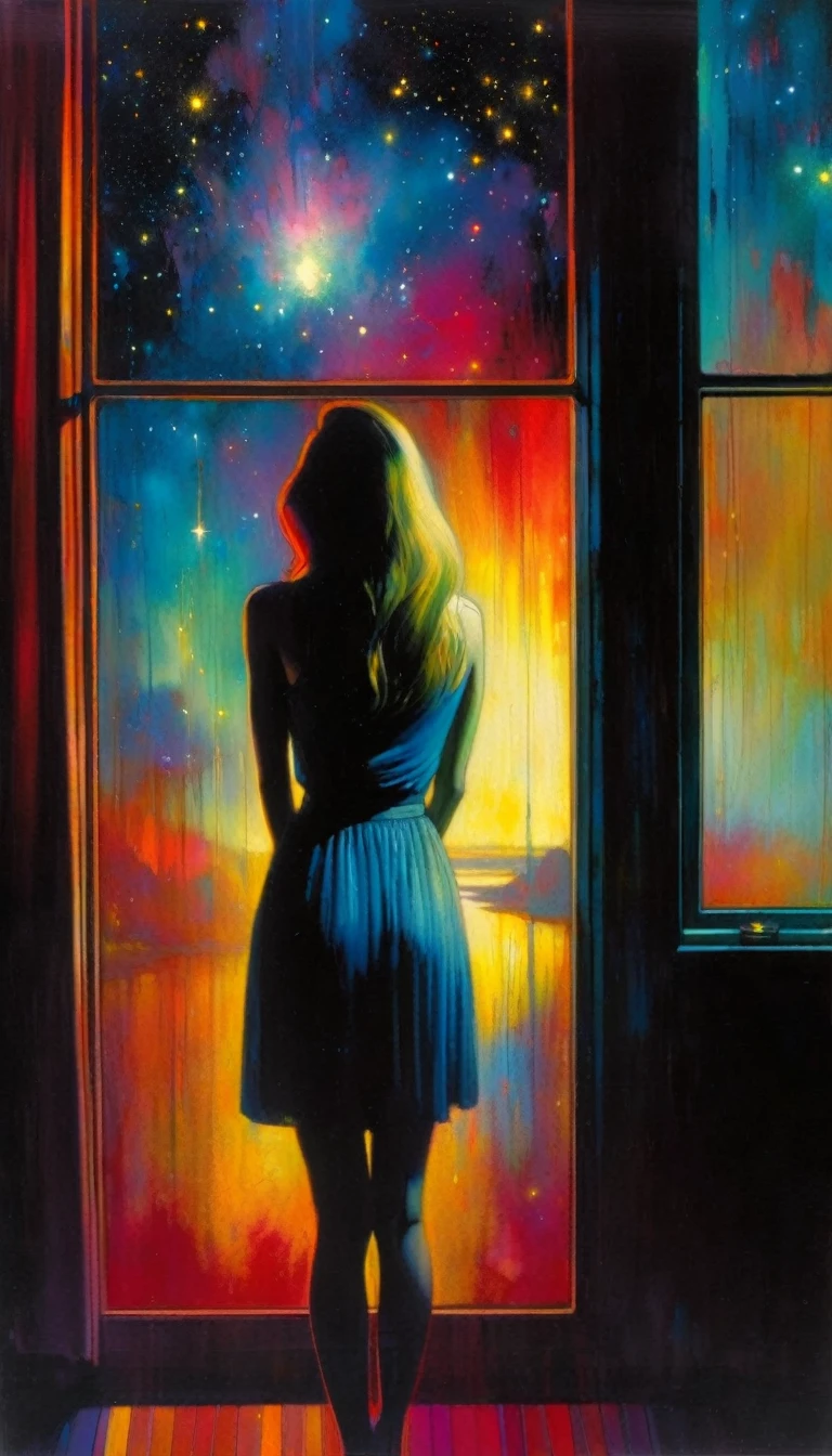 woman, alone, sadness, sexy, standing in front of a large window, through the window a surprising world of colors appears before her, surrealism, night, stars, surreal (art inspired by Bill Sienkiewicz). oil painting)