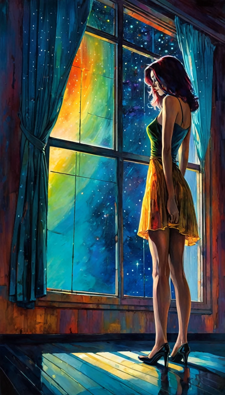 woman, alone, sadness, sexy, standing in front of a large window, through the window a surprising world of colors appears before her, surrealism, night, stars, surreal (art inspired by Bill Sienkiewicz). oil painting)