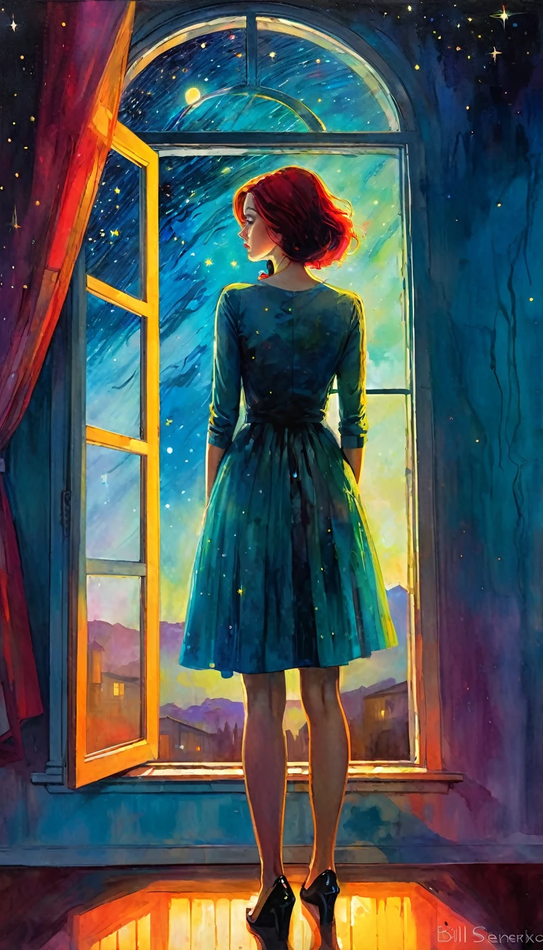 woman, alone, sadness, sexy, standing in front of a large window, through the window a surprising world of colors appears before her, surrealism, night, stars, surreal (art inspired by Bill Sienkiewicz). oil painting)