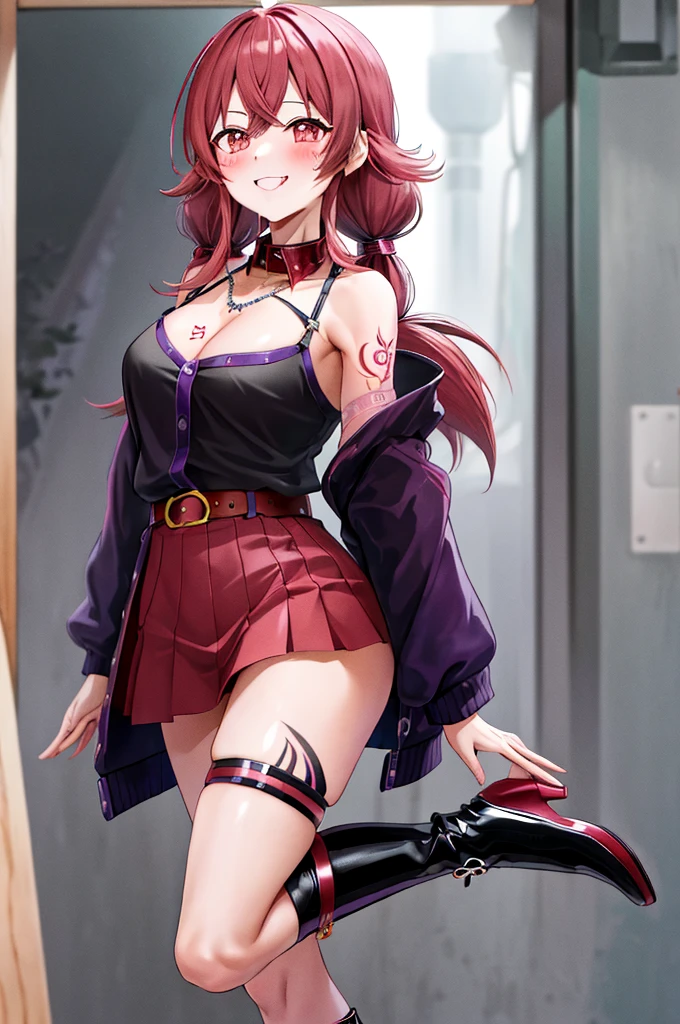 An anime girl with red hair and blue eyes wearing a skirt and an open shirt revealing a black and red lace bra