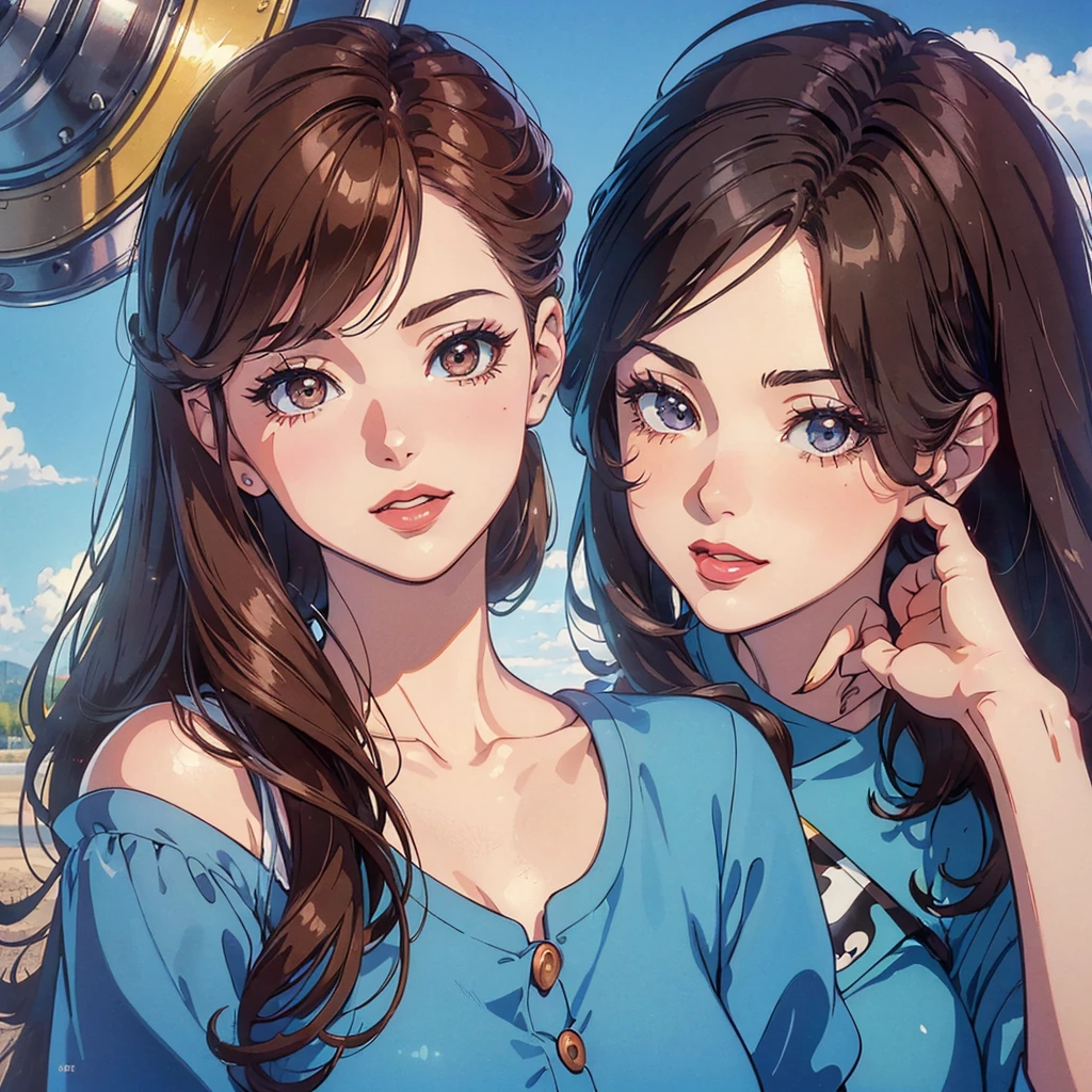 (((Masterpiece ,Best Quality, Highest quality realistic retro anime....))),(((as Seiyo Yūtō(Pokémon)angelic ))), blue dress, top wo nerae!, 1 girl, alone, ((hyper realistic long  dark brown )), looking at the viewer, SMILE, Hits,shirt ((Very detailed and realistic reddish brown eyes)), Closed mouth, dark brown hair , exterior, sky, day, cloud, tree, blue sky, lips, separate blows, eyelashes, make up, light SMILE, lipstick, portrait, close up, ((retro Best Quality, hyper realistic highest quality artEstiloo)), 1980s ,((fine dark brown fine hair with very real details))exterior, sky, day, cloud, tree, blue sky, lips, separate blows, eyelashes, make up, light SMILE, lipstick, portrait, close up, ((retro Best Quality, hyper realistic highest quality artEstiloo)), 1980s (realistic style)