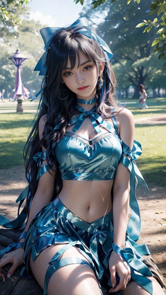 (ultra-realistic realism), (illustratio), (A high resolution), (8K), (The is very detailed), (Best Illustration), (Beautifully detailed eyes), (top-quality), (ultra - detailed), (tmasterpiece), (HD Color), 1 girl, ((24 years old girl)), (A detailed face), solo, 1 girl in, looking at viewert, finedetail, A detailed face, in the darkness nigth, deep shading, low tune, pureerosfaceace_V1, A smile, blue shawl ,straight hair, 46-point diagonal bangs, (beautiful stomach, strips), (shining ribbon:1.5), (cropped shoulders), (in the park:1.5), lake, cute sitting pose, 2 finger pose,