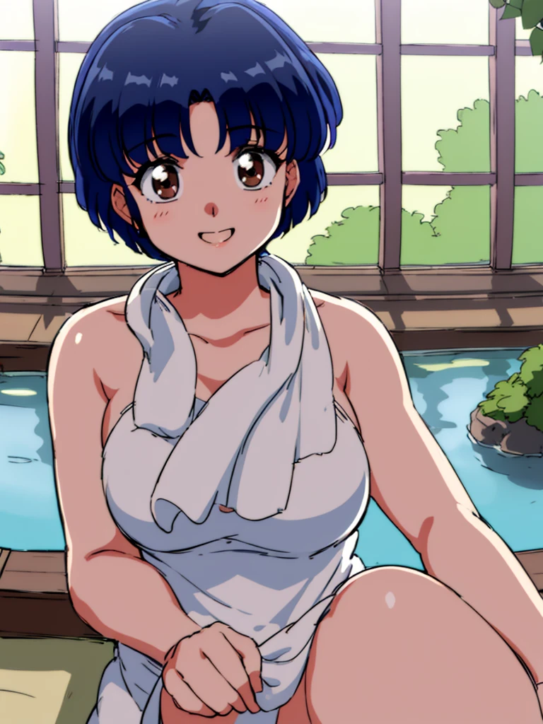 HDR, CG, sharp focus, (8k), (4k), masterpiece, best quality, detailed skin, extremely detailed, hiper detailed, sharp focus, looking at viewer, high quality, AKANE, Akane tendou, short hair, blue hair, brown eyes , tetas grandes, solo, 1girl, hands on chest, towel, waving, happy smile, hot springs, inside water,