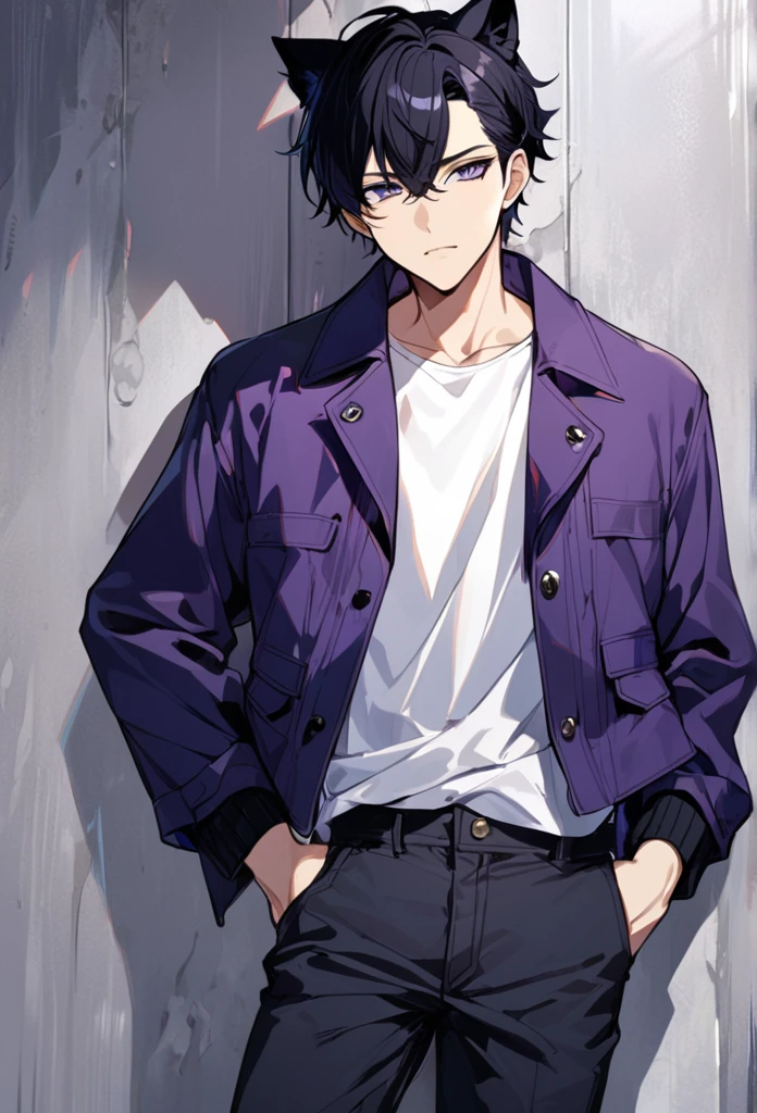 1man, short black hair, black cat ears, wearing purple buttoned jacket, wearing white undershirt, wearing dark blue jeans