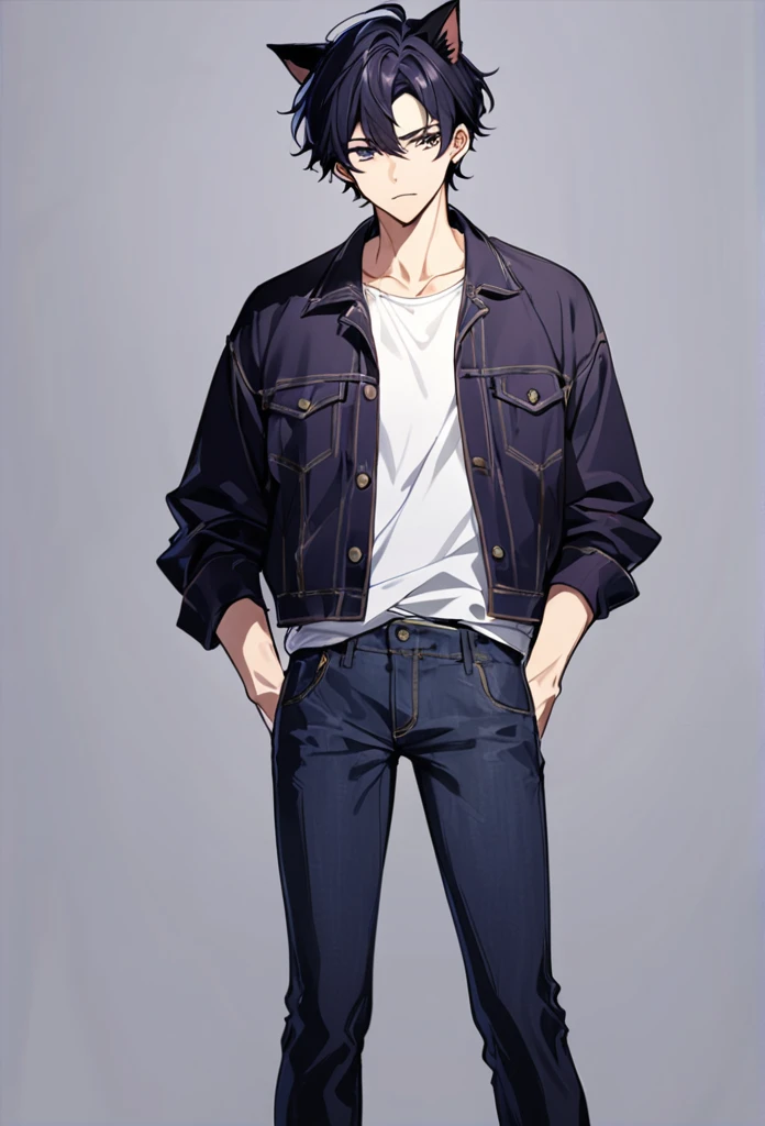 1man, short black hair, black cat ears, wearing purple buttoned jacket, wearing white undershirt, wearing dark blue jeans