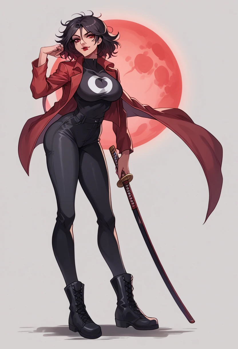 Women, asian features, medium cap hair, medium hair that reaches shoulder length, black hair, messy hair, ruby red eyes, Red lips, big breasts, perfect breasts, small waist, big butt, big butt, long legs, sexy legs, sexy physique, red jacket, black t-shirt, tight black pants, Long black boots, holding a katana with golden details and demonic drawings, red aura, crimson moon. japanese temple, alone,