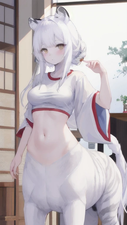 (best quality, masterpiece), 1 girl, centaur, It takes, White skin, Japanese female idol , exposing the abdomen,belly button t-shirt, 아름다운 소녀 perfect white tiger photo, perfect white tiger photo