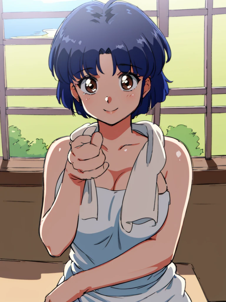 HDR, CG, sharp focus, (8k), (4k), masterpiece, best quality, detailed skin, extremely detailed, hiper detailed, sharp focus, looking at viewer, high quality, AKANE, Akane tendou, short hair, blue hair, brown eyes , tetas grandes, solo, 1girl, hands on chest,  towel, waving, happy smile, hot springs, inside water, 
