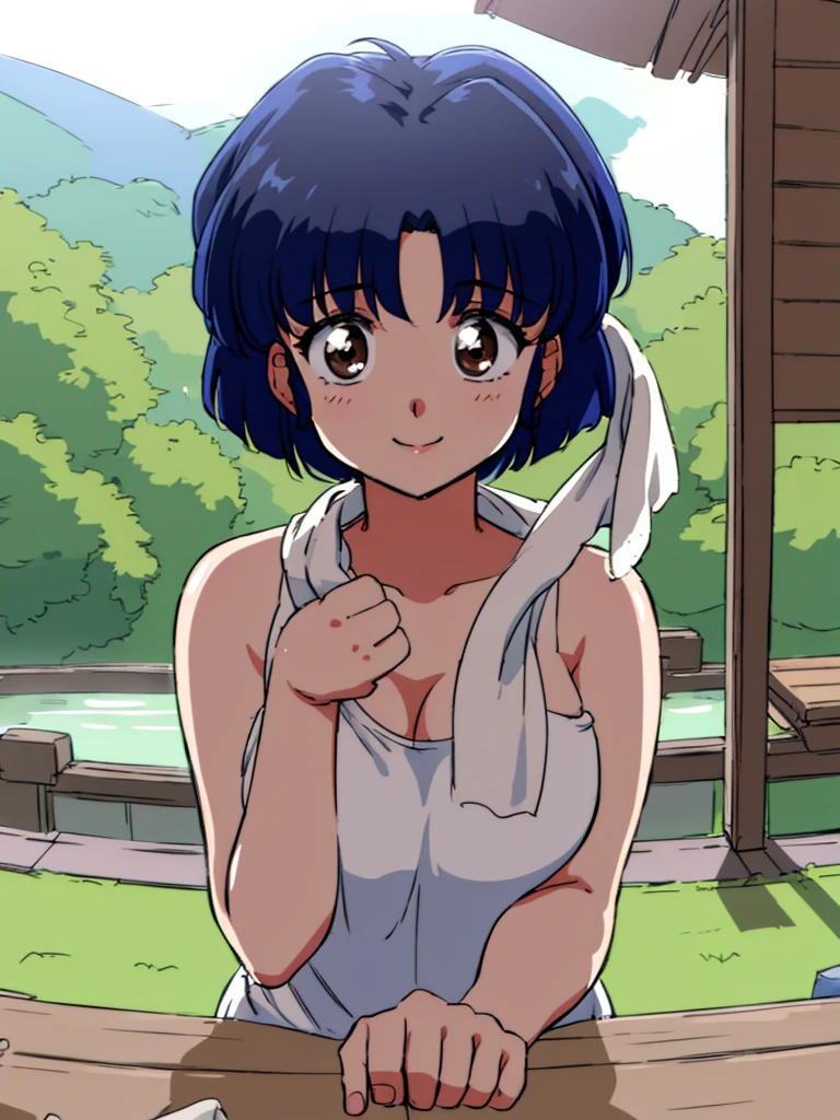 HDR, CG, sharp focus, (8k), (4k), masterpiece, best quality, detailed skin, extremely detailed, hiper detailed, sharp focus, looking at viewer, high quality, AKANE, Akane tendou, short hair, blue hair, brown eyes , tetas grandes, solo, 1girl, hands on chest, towel, waving, happy smile, hot springs, inside water,