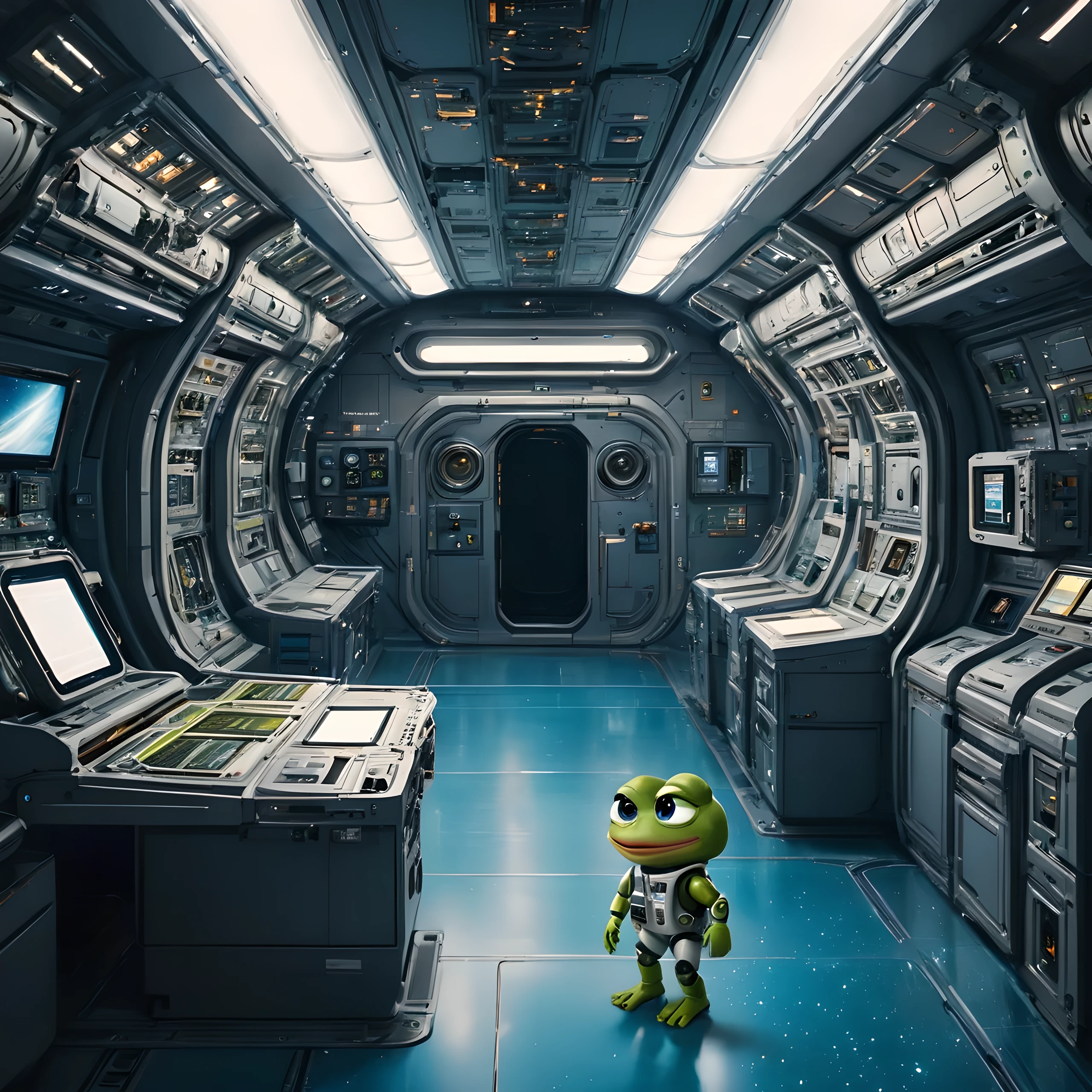 Create an illustration of a space station brimming with advanced technological resources and numerous drawers. In this detailed and futuristic environment, include a character—a young boy—interacting with or exploring the space station. Integrate a whimsical element by incorporating a small, cartoonish version of ((Pepe_Frog)) somewhere in the scene, perhaps as a decorative item or a small robot. The overall composition should convey the complexity and high-tech nature of the space station, with a focus on the boy’s curiosity and the intriguing array of technology around him.