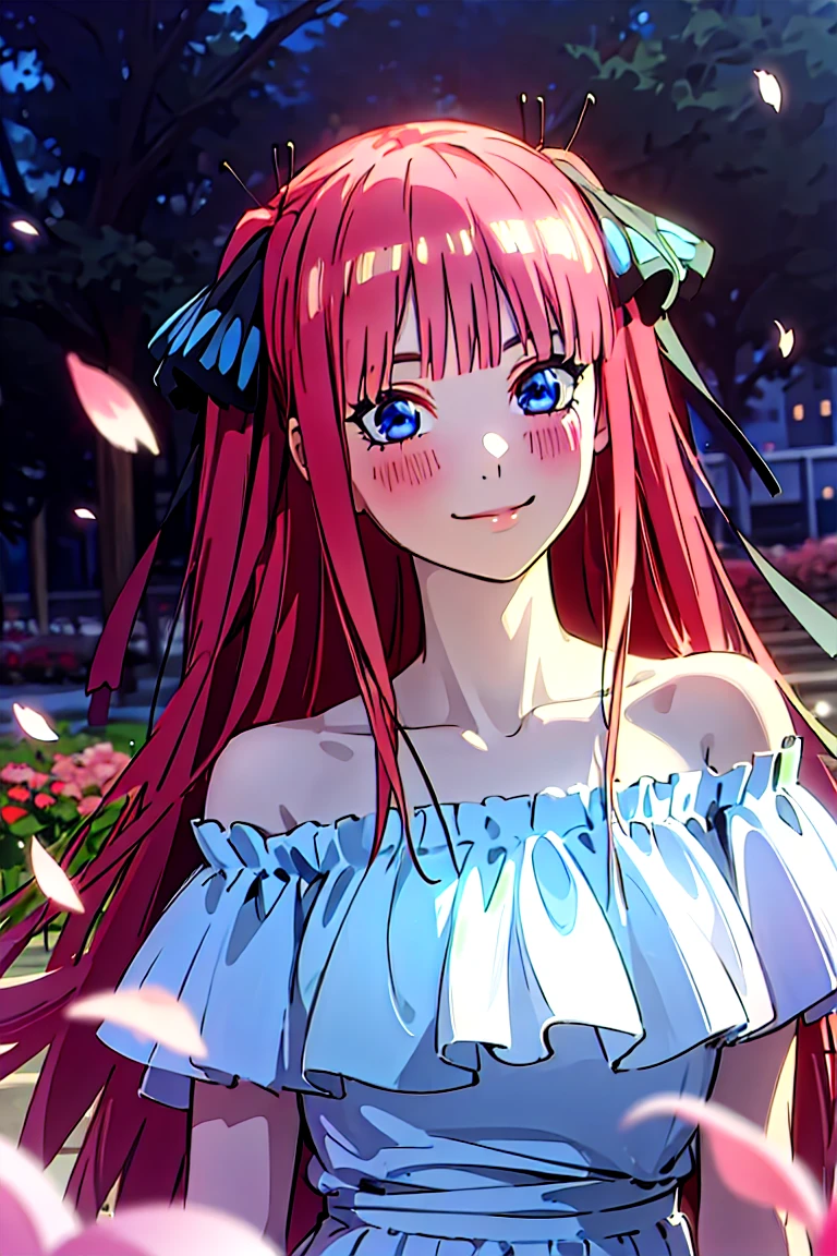 Best quality, masterpiece, ultra high res, (photorealistic:1.4), raw photo, 1girl, white dress, off shoulder, blossom flower field, glowing skin, light smile, nino nakano, pink red long hair, shoulder, blue eyes, hair ribbons