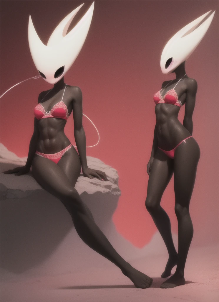 hornet, cute, chibi, no feet, furry girl, abs, slim,anthro, thread, solo, bare feet, skinny legs, tall, sits, red tango panties, red straps wrap around the girl's torso,,Red lace bra, high, (best quality), (detailed dark cave background:1.2), flat colors, big breasts, no nipples, no vagina, sexy body, (blushes 1.5), underboob, slightly bulging through the panties, skinny legs,