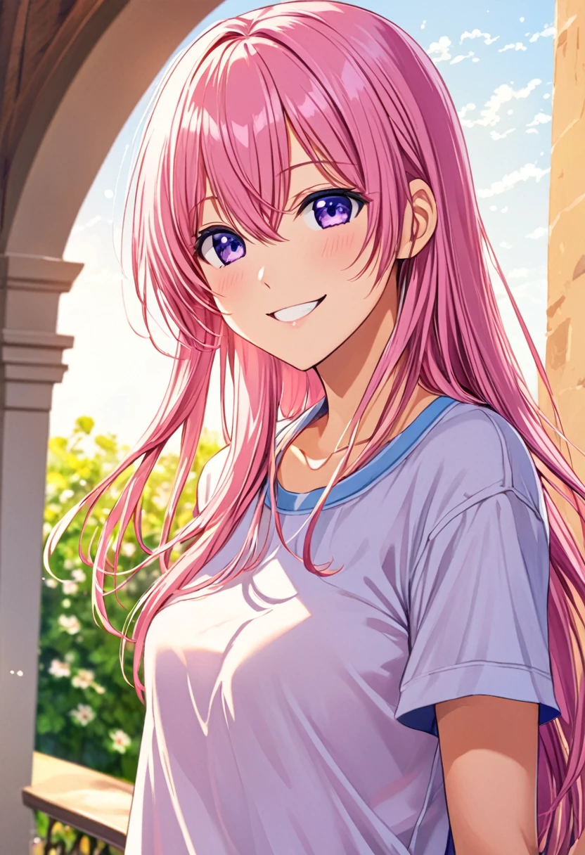 Megurine Luka casual clothes upper body colorful jeans morning smile