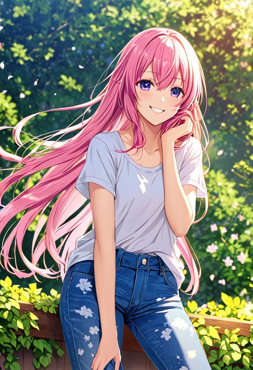 Megurine Luka casual clothes, colorful jeans, morning smile