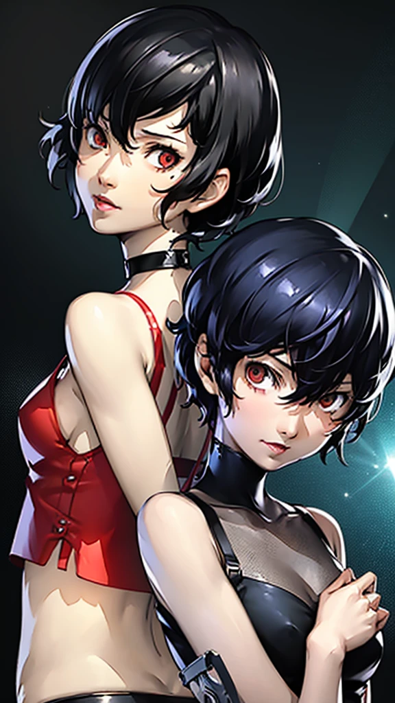 1 girl, solo, very Short hair, tomboy Pixie haircut, black hair, red eyes, lipstick, black choker, face portrait, tank top, shigenori soejima style,