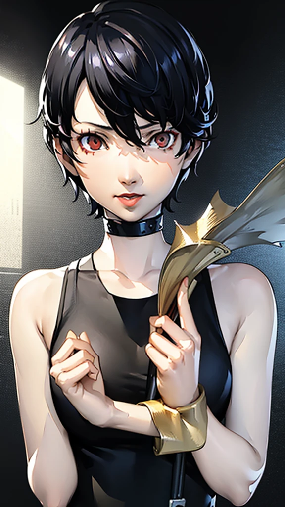 1 girl, very Short hair, tomboy Pixie haircut, black hair, red eyes, lipstick, black choker, face portrait, tank top, shigenori soejima style