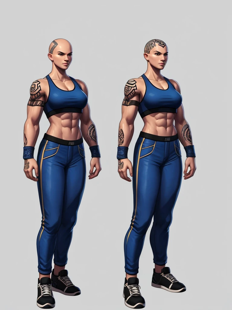 ((best quality)), ((4k)), ((highres)), ((masterpiece:1.2)). ((detailed)), ((ultra realistic)), ((intricate details)), ((full body picture)), ((character design sheet)), ((blank background)), ((standing in a blank background)), a full body shot of a bald female, bald woman, muscular woman, muscular arms, mucular legs, about 5'8 tall, about 25 years old, arm tattoos, ((arm tattoos)), dressed in a sports bra and blue jeans pants, midriff, six pack abs, sneakers, female gang member, character concept art, fighting game concept art, king of fighters character concept art, shaved head
