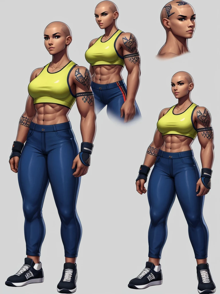 ((best quality)), ((4k)), ((highres)), ((masterpiece:1.2)). ((detailed)), ((ultra realistic)), ((intricate details)), ((full body picture)), ((character design sheet)), ((blank background)), ((standing in a blank background)), a full body shot of a bald female, bald woman, muscular woman, muscular arms, mucular legs, about 5'8 tall, about 25 years old, tattoos, dressed in a sports bra and blue jeans pants, midriff, six pack abs, sneakers, character concept art, fighting game concept art, king of fighters character concept art, shaved head, head tattoos ((head tattoos))