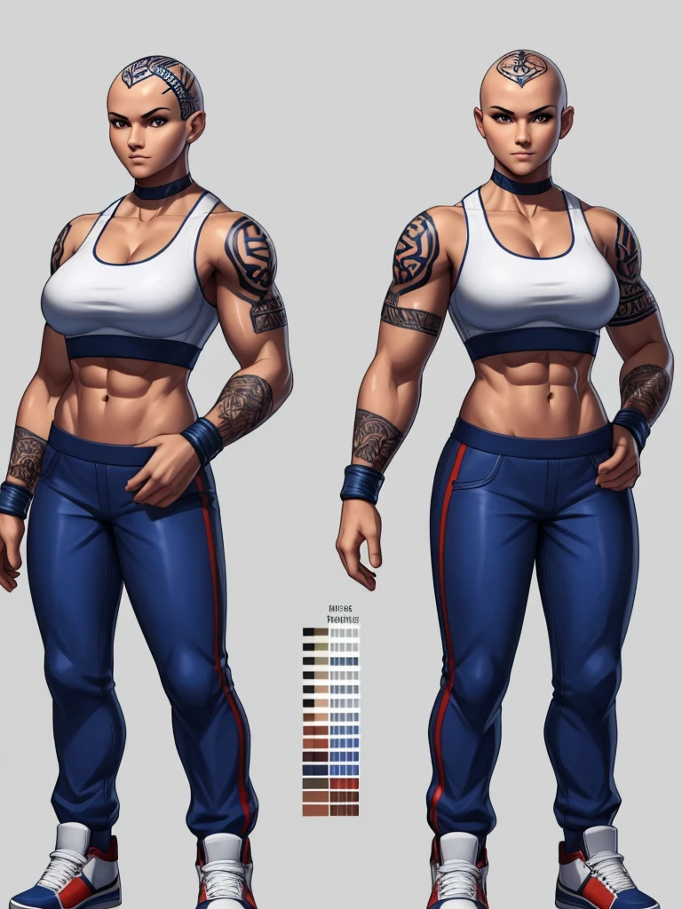 ((best quality)), ((4k)), ((highres)), ((masterpiece:1.2)). ((detailed)), ((ultra realistic)), ((intricate details)), ((full body picture)), ((character design sheet)), ((blank background)), ((standing in a blank background)), a full body shot of a bald female, bald woman, muscular woman, muscular arms, mucular legs, about 5'8 tall, about 25 years old, tattoos, dressed in a sports bra and blue jeans pants, midriff, six pack abs, sneakers, character concept art, fighting game concept art, king of fighters character concept art, shaved head, head tattoos ((head tattoos))
