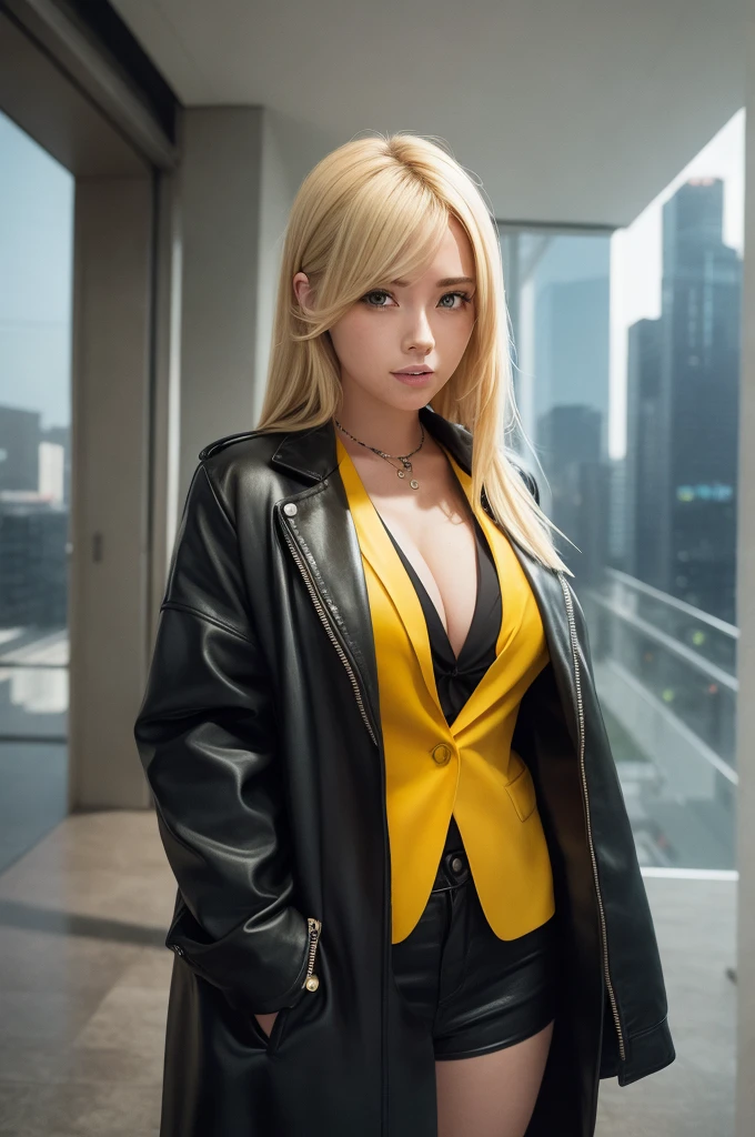 the finals game, view from the top, a busty blonde girl falls to her knees, cyberpunk hairstyle, in a black and yellow unbuttoned jacket, open neckline, a bullet pendant on her neck, smiling, full length, against the back. of coins falling from the sky, 8k art realism, graphics, comics, anime, sketch, grotesque, pencil, grunge, panorama