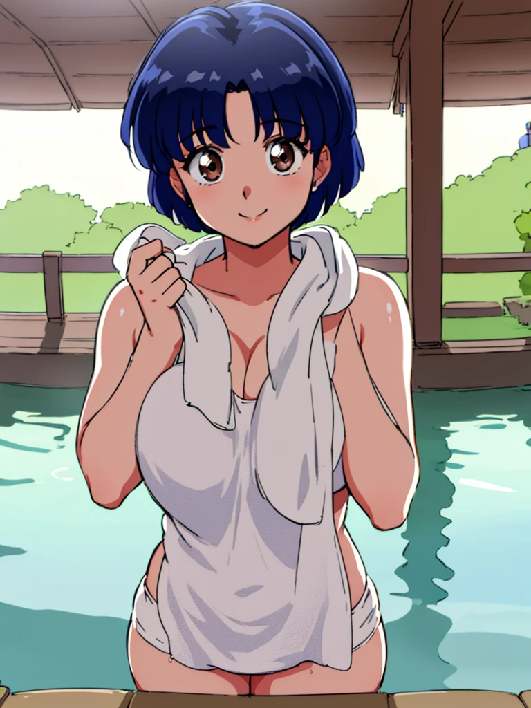 HDR, CG, sharp focus, (8k), (4k), masterpiece, best quality, detailed skin, extremely detailed, hiper detailed, sharp focus, looking at viewer, high quality, AKANE, Akane tendou, short hair, blue hair, brown eyes , tetas grandes, solo, 1girl, hands on chest,  towel, waving, happy smile, hot springs, inside water, 
