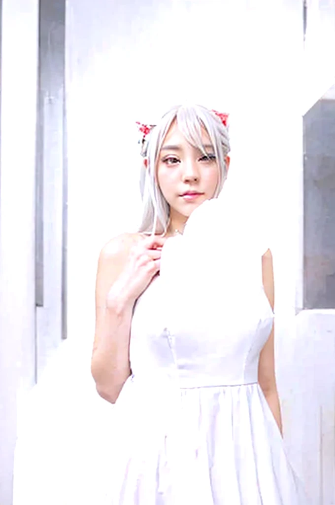 There is a woman in a white dress with a red rose in her hair, cosplay anime, chica anime cosplay, cosplay photo, anime style mixed with fujifilm, cosplay, white hair deity, A beautiful kitsune woman, cosplayer, White cat girl, silver hair girl, Cat Mimi, anime girl in real life, Ayaka-Cosplay, white hime cut hairstyle