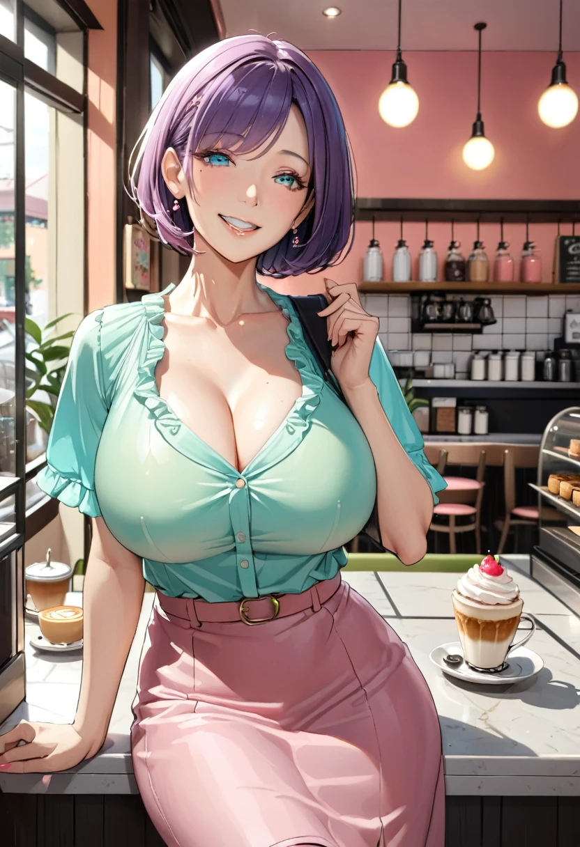 (Masterpiece:1.21),(FHD),(16K),(Top Quality:1.24),(Super Resolution),(Superb Illustration),(Best Shadow),(High Quality),(Super Detail:1.15),(Super Detail), Superb Detail, Elaborate, Beautiful, Absurd, 1 Woman, Japanese Woman,(Housewife:1.5),(40 Years Old:1.3),(Attractive Mature Woman:1.66),(Middle Age:1. 49),(Small Round Face:1,19),(medium build,shiny skin,fine skin,fine face,beautiful breast,big breast,retinal detail,big eye,twinkle eye),((graduated haircut)),Casual, simple blouse,V-neckline,knee-length skirt, blouse in bright colors,pastel shades,(((cafe interior,in room))),(((cafe interior,in room))),(laugh:1.4)