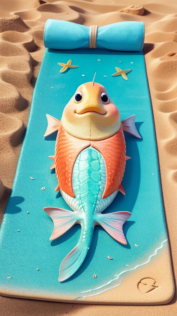 A personified fish sunning itself on a mat at the beach.