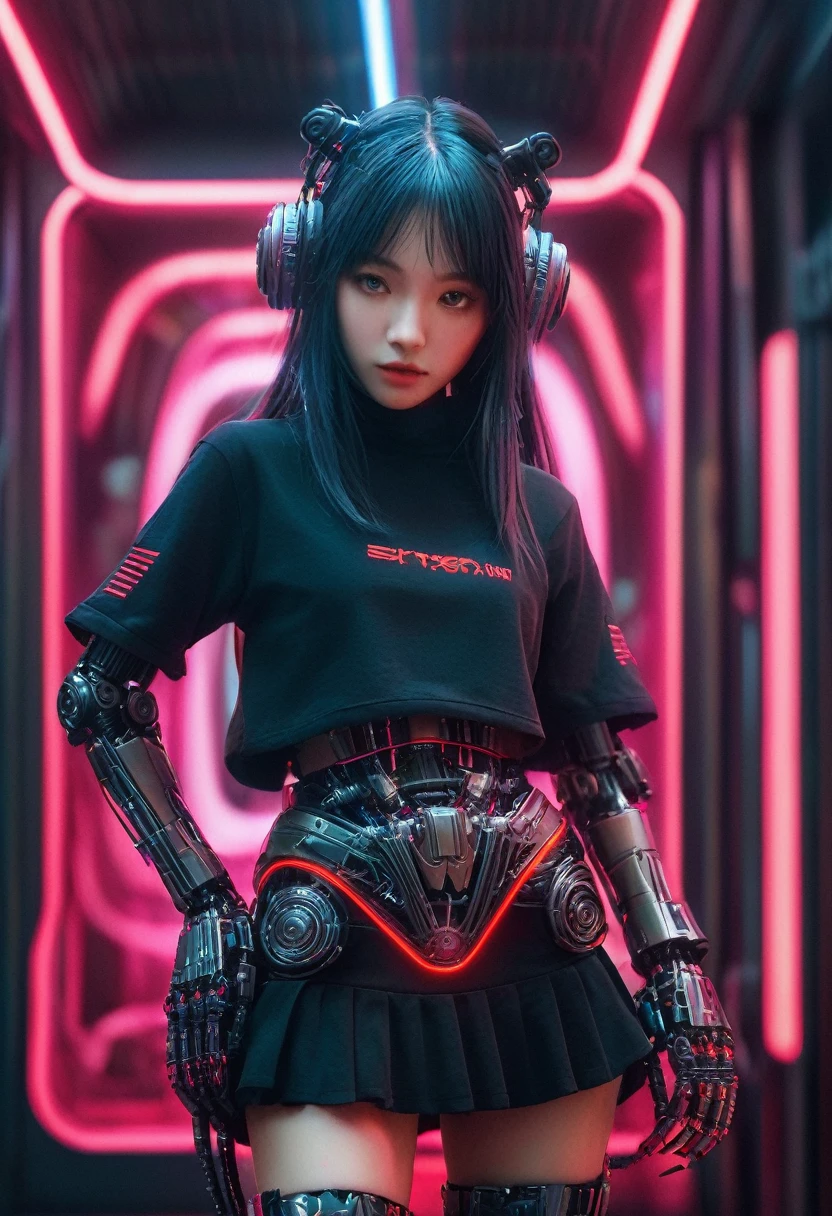 xxmixgirl. Highly detailed professional 35mm film, bokeh, face in sharp focus. A robotic female, Miku, with ((metal skin)), ((perfect Asian eyes)) with magenta irises and ((black pupils)), beautiful serious (detailed face), 18 year old ((photorealistic face)), very long magenta twin tails of magenta hair, twin black hair ties with a single red stripe. She may have a black audio headpiece. We can see her ((full body)) down to her boot soles. Her outfit is a sleeveless collared light grey shirt, outlined in red around the frilled collar and hems. Shiny reflective ((metallic breast cups, dimpleless)), invisible nipples. She wears black sleeves with red hems that start around her upper arm and bellow out as the sleeves open and extend to her wrists, with wide trumpet red rimmed cuffs. She has perfect robotic (detailed hands). She wears a red colored tie with two horizontal solid parallel black lines halfway across. She wears a fabric black skirt with a horizontal red hem at the bottom all the way around; her (((black skirt wraps around her))) and ((her skirt completely covers)) her robotic waist and thighs. Tall black boots with red bottom soles, a red rim around the top at her thighs. Her mechanical shoulder joints are visible. We can see her robotic legs and robotic neck. Half of her is covered with shiny polished machinery. The background is a distant dark neon futuristic Japanese city, gold, cyan, violet neon, near harbor or mountains.