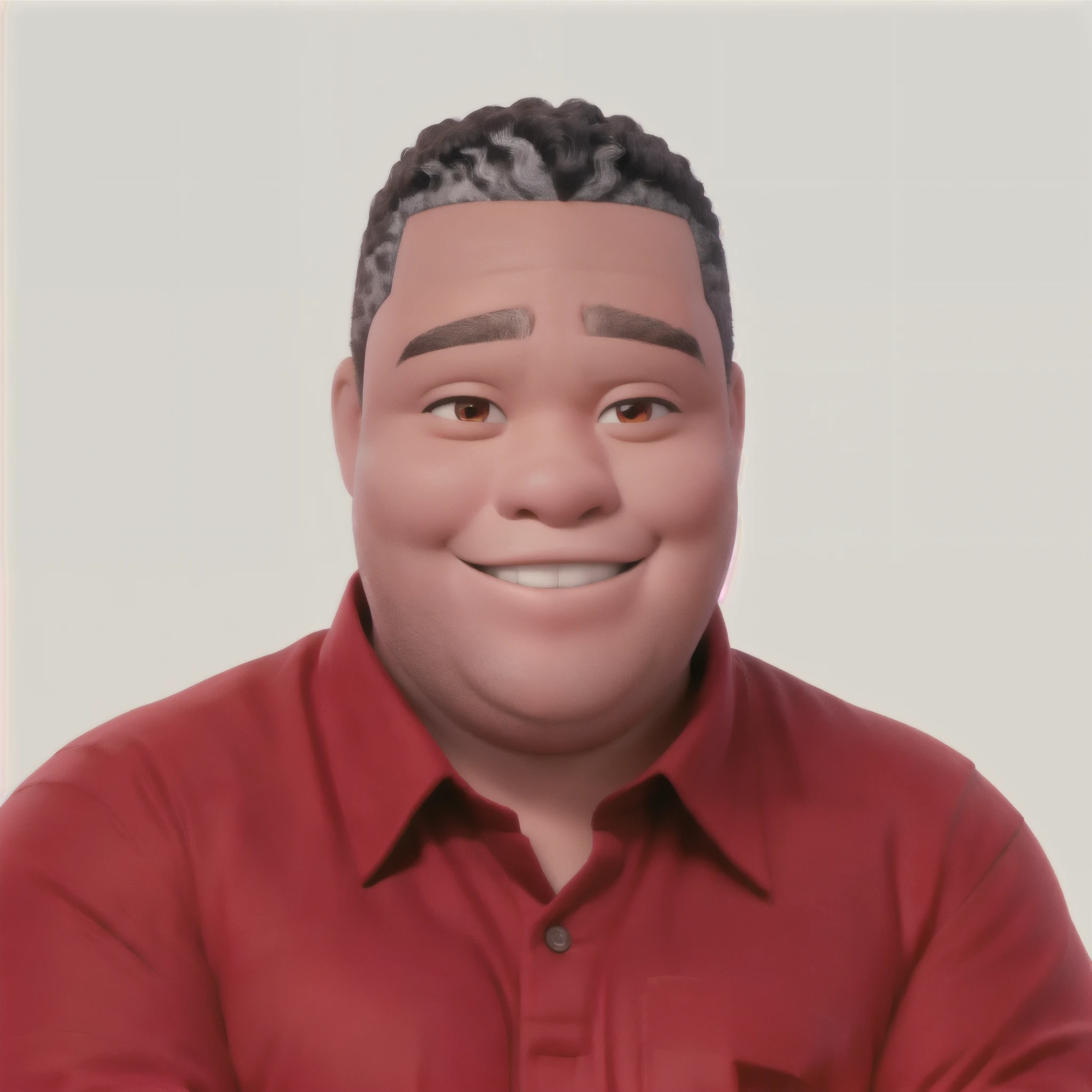 fat black man with a round face, with a dimple in his harmonious smile, thin chin red shirt with crossed arms and red background, he has a white streak in the front of his hair