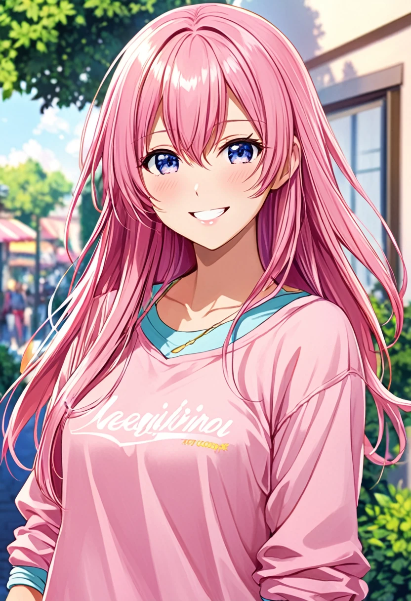 Megurine Luka casual clothes upper body colorful jeans morning smile