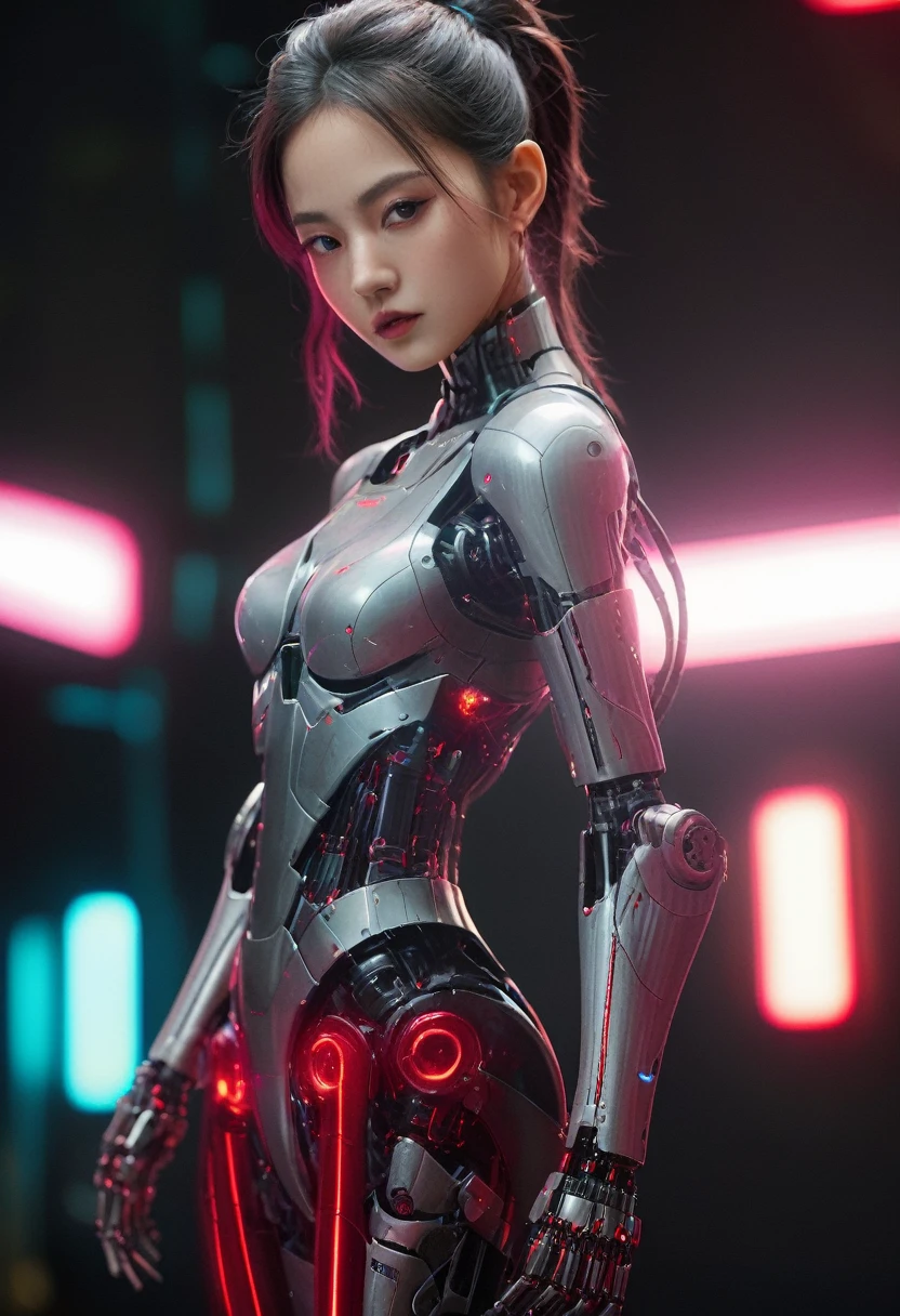 xxmixgirl. Highly detailed professional 35mm film, bokeh, face in sharp focus. A robotic female, Miku, with ((metal skin)), ((perfect Asian eyes)) with magenta irises and ((black pupils)), beautiful serious (detailed face), 18 year old ((photorealistic face)), very long magenta twin tails of magenta hair, twin black hair ties with a single red stripe. She may have a black audio headpiece. We can see her ((full body)) down to her boot soles. Her outfit is a sleeveless collared light grey shirt, outlined in red around the frilled collar and hems. Shiny reflective ((metallic breast cups, dimpleless)), invisible nipples. She wears black sleeves with red hems that start around her upper arm and bellow out as the sleeves open and extend to her wrists, with wide trumpet red rimmed cuffs. She has perfect robotic (detailed hands). She wears a red colored tie with two horizontal solid parallel black lines halfway across. She wears a fabric black skirt with a horizontal red hem at the bottom all the way around; her (((black skirt wraps around her))) and ((her skirt completely covers)) her robotic waist and thighs. Tall black boots with red bottom soles, a red rim around the top at her thighs. Her mechanical shoulder joints are visible. We can see her robotic legs and robotic neck. Half of her is covered with shiny polished machinery. The background is a distant dark neon futuristic Japanese city, gold, cyan, violet neon, near harbor or mountains.