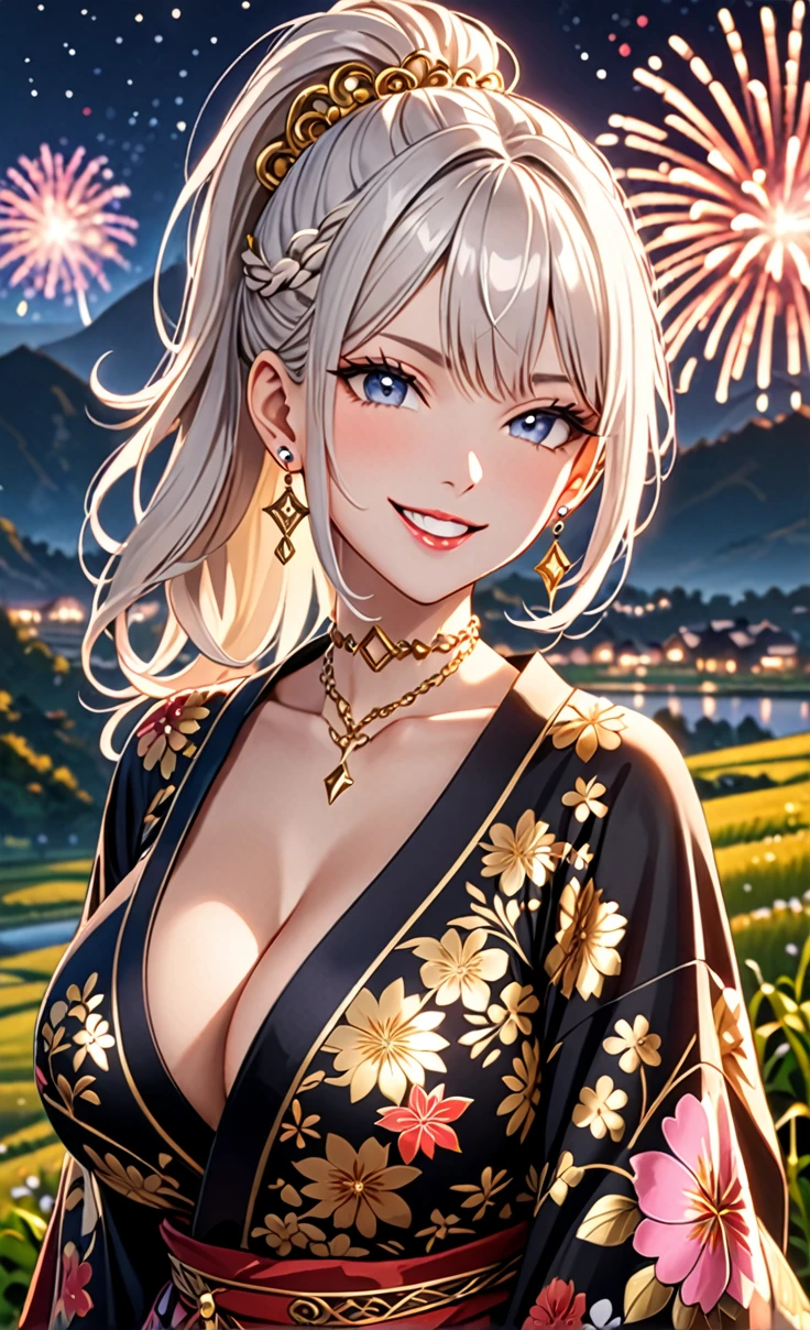 ((One personの少女)), hyper detailed, absurdres, Pretty face, Beautiful Face, (Laughing embarrassedly), (smirk:1.4), ((Wink:1.5)), (head tilt:1.3), Laugh with your mouth wide open, upper teeth, looking at viewer, ((full-face brash:1.5)), Glossy Red Lips, ((Big Breasts:1.4)), night,Mountain countryside landscape, firework, Glossy Red Lips, (Shining Face), ((Anime style background)),masterpiece, Highest quality, so beautiful,up to date, Complex details, (Pink long nails), (nail art), (Gold Ring),(Gold bracelet),(Gold floral choker), (helix piercing:1.7), AI-generated, Complex,, super high quality,3D Images、3D Images,One person,Long white hair,High Ponytail, Anime woman posing for a photo, ((silver eyes:1.6)), ((Fine grain、blue eyes、Shining Eyes:1.3)), (Squint your eyes:1.1),a hyperRealistic , hyperRealistic , Realistic,Anime woman with long white hair, Smooth anime CG art, (A woman in a colorful kimono with gold embroidery), ((Black long sleeve kimono:1.3)), Red floral pattern,(Long flower hair ornament),Floral Earrings,Mature Body,Abdominal muscles,Tight waist, ((Zoom in on face:1.6)),