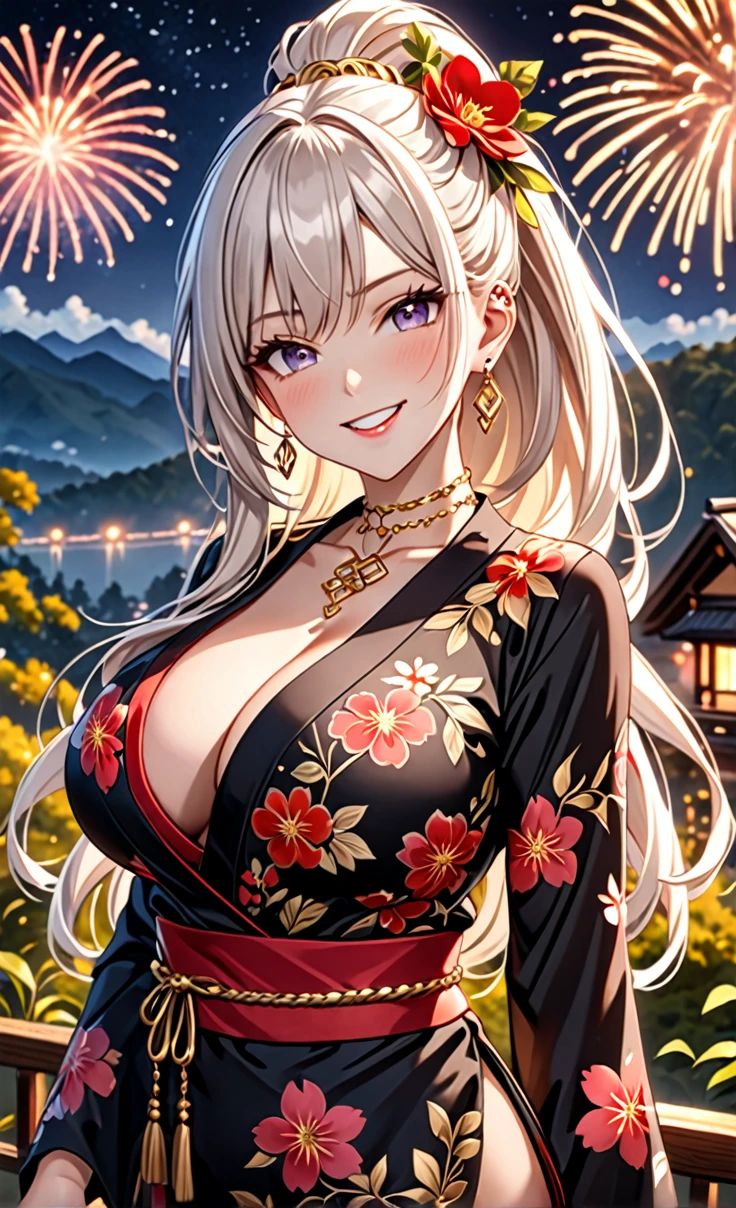((One personの少女)), hyper detailed, absurdres,  Pretty face, Beautiful Face, (Laughing embarrassedly), (smirk:1.4), ((Wink:1.5)), (head tilt:1.3), Laugh with your mouth wide open, upper teeth, looking at viewer, ((full-face brash:1.5)), Glossy Red Lips, ((Big Breasts:1.4)), night,Mountain countryside landscape, firework, Glossy Red Lips, (Shining Face), ((Anime style background)),masterpiece, Highest quality, so beautiful,up to date, Complex details, (Pink long nails), (nail art), (Gold Ring),(Gold bracelet),(Gold floral choker), (helix piercing:1.7), AI-generated, Complex,, super high quality,3D Images、3D Images,One person,Long white hair,High Ponytail, Anime woman posing for a photo, ((silver eyes:1.6)), ((Fine grain、blue eyes、Shining Eyes:1.3)), (Squint your eyes:1.1),a hyperRealistic , hyperRealistic , Realistic,Anime woman with long white hair, Smooth anime CG art, (A woman in a colorful kimono with gold embroidery), ((Black long sleeve kimono:1.3)), Red floral pattern,(Long flower hair ornament),Floral Earrings,Mature Body,Abdominal muscles,Tight waist, ((Zoom in on face:1.6)), 