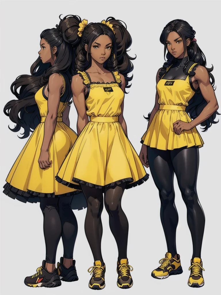 ((best quality)), ((4k)), ((highres)), ((masterpiece:1.2)). ((detailed)), ((ultra realistic)), ((intricate details)), ((full body picture)), ((character design sheet)), ((blank background)), ((standing in a blank background)), full body shot of a beautiful black female, ebony beauty, woman, 18 years old girl, dark brown skin, about 5'5 ft. tall, bushy long curly black hair, ((bushy long curly hair)), long hair, high pigtails, dressed in a yellow sleeveless doll dress, ((EMPHASIS ON HER YELLOW SLEEVELESS BABYDOLL DRESS)), black SHINY leggings PANTS and sneakers, fighting game character design, tekken character design, the king of fighters character concept art, character concept art, full body, 18 years old female fighter, girly girl, cute girl, girly fighter character concept art