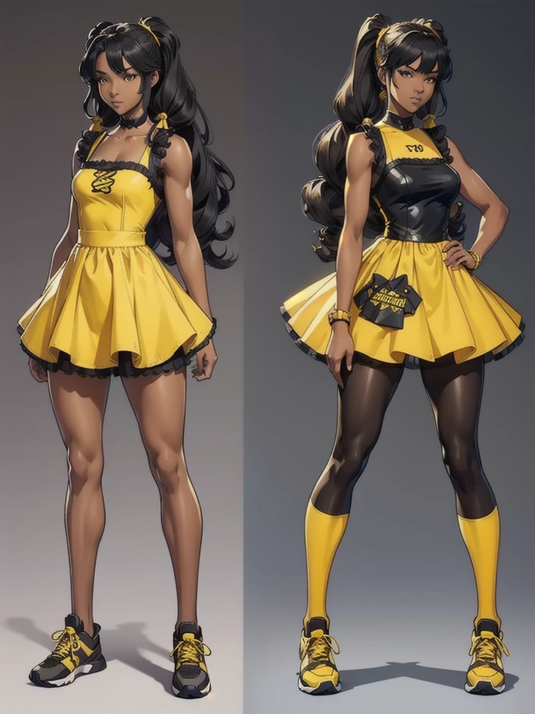 ((best quality)), ((4k)), ((highres)), ((masterpiece:1.2)). ((detailed)), ((ultra realistic)), ((intricate details)), ((full body picture)), ((character design sheet)), ((blank background)), ((standing in a blank background)), full body shot of a beautiful black female, ebony beauty, woman, 18 years old girl, dark brown skin, about 5'5 ft. tall, bushy curly black hair, ((bushy curly hair)), long hair, high pigtails, dressed in a yellow babydoll dress, ((EMPHASIS ON HER YELLOW BABYDOLL DRESS)), black SHINY leggings PANTS and sneakers, fighting game character design, tekken character design, the king of fighters character concept art, character concept art, full body, 18 years old female fighter, girly girl, cute girl, girly fighter character concept art