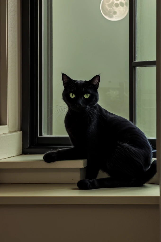 a black cat with green eyes sits on the windowsill under the light of the moon