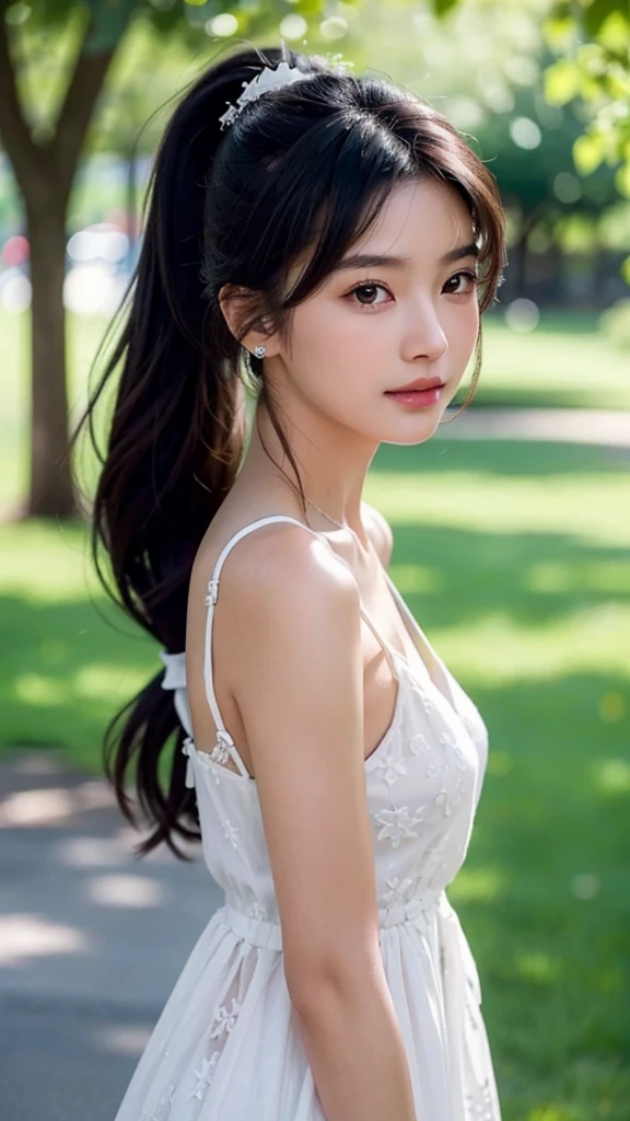dress,outdoors,Urban Park,On the lawn,One woman,close up face,fully body photo,masutepiece, The highest image quality, High quality, the background is clear，Beautiful woman, Japanese, Detailed, Ultra-detailed, finely detail, hight resolution, 8K Wallpaper, Perfect dynamic composition, Beautiful detailed eyes ,Detailed eyes, Detailed skin, Beautiful skin, 超hight resolution, (reality: 1.4),Very beautiful woman, Slightly younger face, Beautiful skin, slender, (Ultra photo realsisim), (hight resolution), (8K), (Very detailed) (beautifully detailed eyes), (super detailed),   (Detailed face), view the viewer, Fine details, Detailed face, Staring straight ahead, Staring straight ahead, photos realistic, Bright lighting, Professional Lighting, Black hair,poneyTail,a baby face,sixteen years old,Hairstyle: ponytail,Long ponytail hairstyle,slight smile,