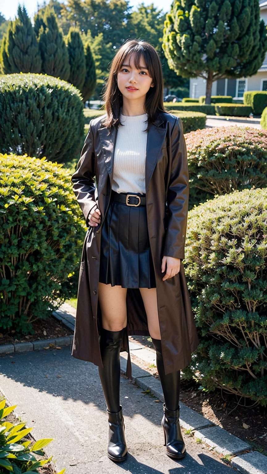 (8K、RAW Photos、Highest quality、masterpiece:1.2)、(Realistic、Realistic)、1 Girl、((Check mini skirt、Long coat、Medium Hair、black、Thin legs、whole body、boots、blackいコート、one piece、tights、garden、View from the front、smile、Looking into the camera、belt、Stand with hands on hips))、cute