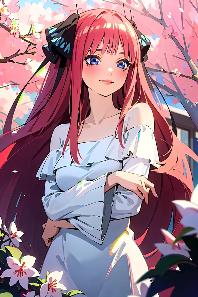 Best quality, masterpiece, ultra high res, (photorealistic:1.4), raw photo, 1girl, white dress, off shoulder, blossom flower field, glowing skin, light smile, nino nakano, pink red long hair, shoulder, blue eyes, hair ribbons