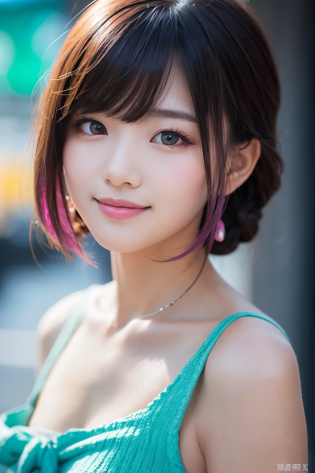 17 years old、high quality, High resolution, masterpiece, completion, detailed.impressive, Cutting-edge female photography portraits, Showcasing a bold and daring street-art style. Facing forward、A gentle smile、Soft look, cyan, and purple, Her vibrant makeup really catches the eye.. Her colorful hair is tied up high, Blue and pink hues in harmony. 背景には蛍光クロムイエローand purpleの魅惑的なグラデーションが施されています, Blends seamlessly with the dynamic colors of your subject. An unforgettable image