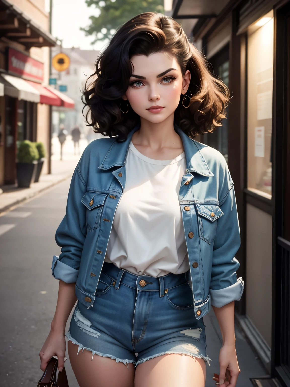 Audrey Horne (Sherilyn Fenn) from the 1990 Twin Peaks series, thick and bouffant hair, denim shorts, denim loose jacket, blue eye, small fly opposite left eye, 90's, mole under eye, light smile, closed mouth, brown hair, hair behind ear, short hair, hair one side up, big hair, expressive hair, bob cut, hair spread out, floating hair, bokeh, UHD, best quality