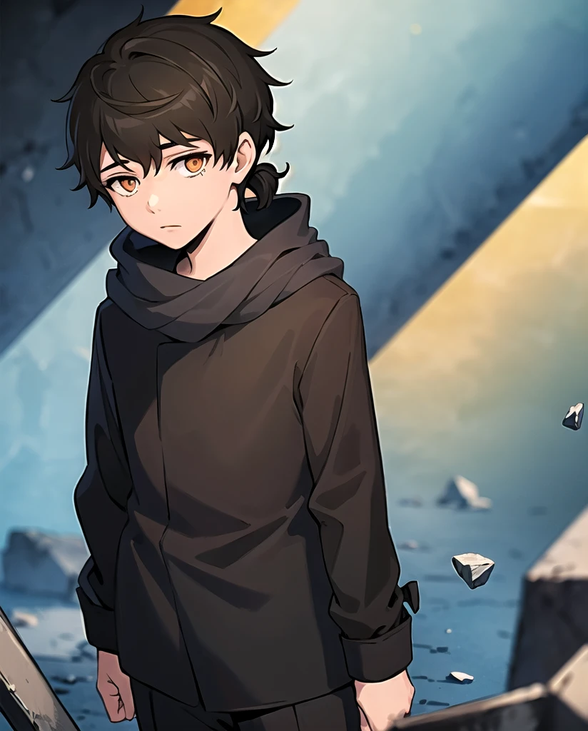 1 boy, 16 years old, neutral face, black hair, long hair (tied hair), black closed coat, blood, One, Looking at the viewer, upper body, sky, (masterpiece:1.2, Best quality)