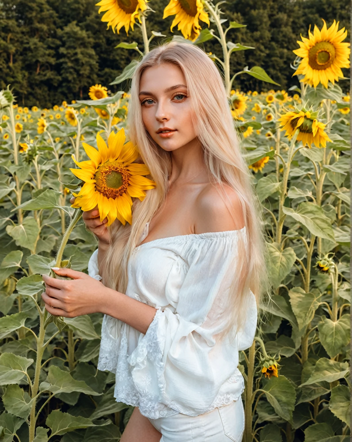 Blonde woman dressed in white holding sunflower in sunflower field., sunflowers in the background, Ukrainian girl, Anna Nikonova aka Newmilky, young woman infp, art album, 2 4 year old female model, beautiful blonde girl, Instagram Template, avatar image, with flowers, album photo, swedish blonde woman, sexy girl with long blonde hair, with long blonde hair